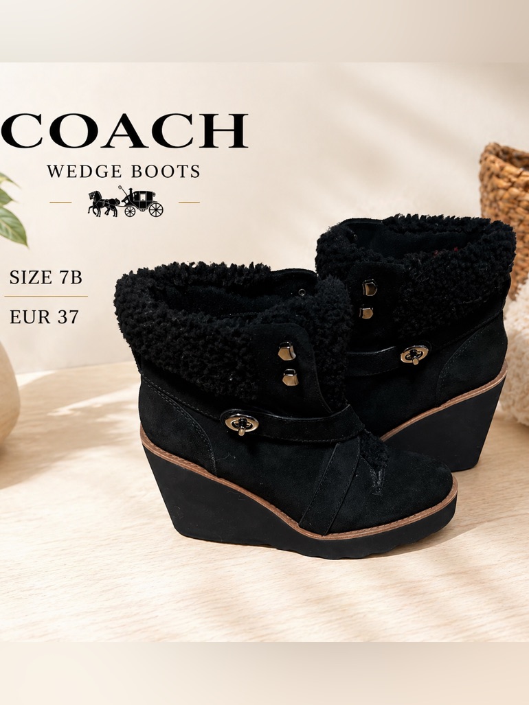 Coach Black Suede Shearling-Trim Wedge Boots Like New Sz 7